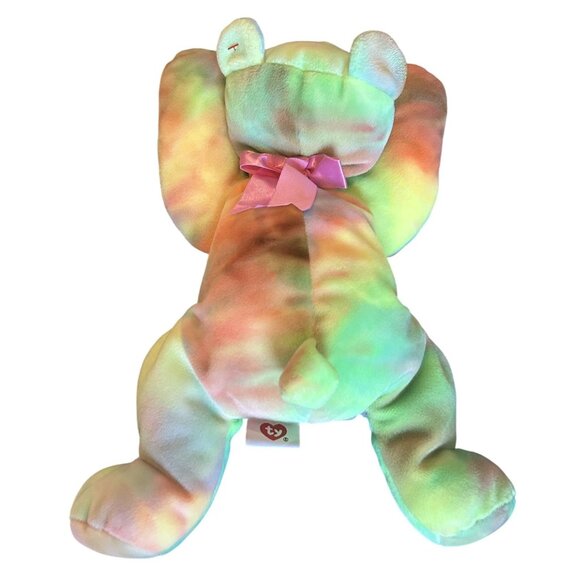 TY Pillow Pet 14" Vintage 1998 Tie-Dye Plush Bear With Pink Bow & Heart Tag - Picture 2 of 4